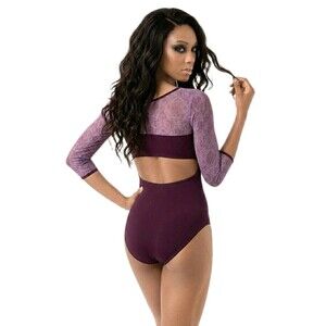 Aja VTG Open Back Cutout Mesh 3/4 Sleeve Leotard Built-in Bra Purple Plum AM